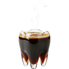 Black coffee with steam rising in a tooth shaped glass cup, dental Health concept effects of caffeine and staining on teeth enamel