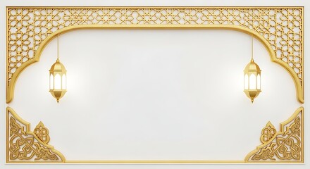 Islamic frame with gold ornaments and lanterns on white background