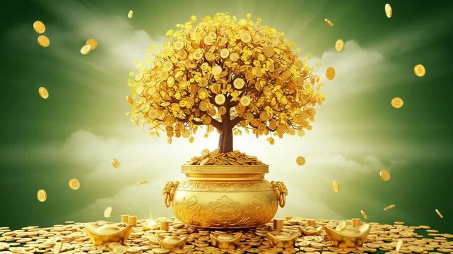 Golden money tree growing from a pot full of coins, raining gold
