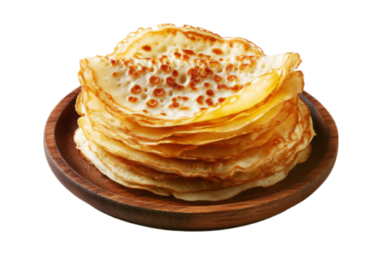 Sago Pancakes thin crepes or stack of pancakes topped with powdered sugar on wooden plate, isolated on white transparent background, Papua New Guinea breakfast