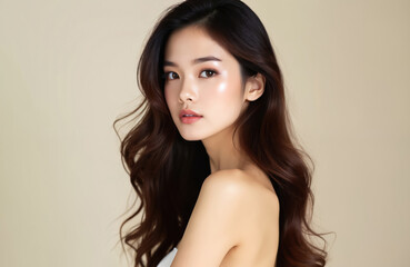 Fototapeta premium Young Asian woman poses for beauty studio shot. Long dark wavy hair, glowing healthy skin, subtle makeup applied. Female model appears calm, serene. Portrait shows natural face, clean skin, elegant
