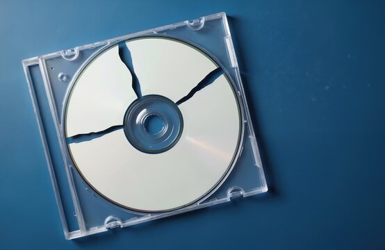 Broken CD disc in clear plastic case on blue background. Cracked data disk with fractured edges represents damaged media or lost information. Digital storage failure.