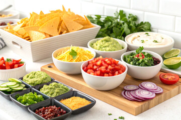 Taco bar display with chips and guacamole