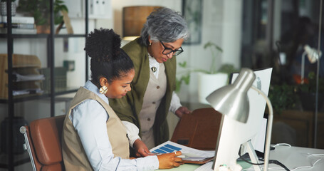 Business, women and document with computer at night for accounting, data analysis and finance report. People, mature manager and paperwork on financial stats, profit growth and working late for audit