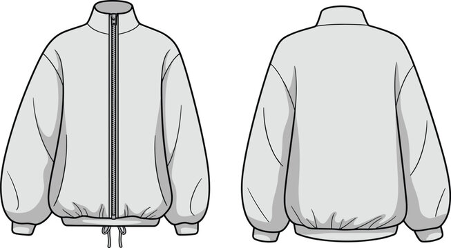 Long sleeve fashion jacket technical flat sketch, high collar zipper front elastic cuff hem drawstring design, cad drawing flat vector illustration