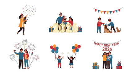 New Year Celebration: A vibrant scene captures the spirit of the upcoming year with joy, families, and festivities filled with confetti, balloons, and fireworks. 