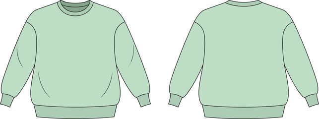 Unisex sweatshirt flat sketch vector, crewneck pullover CAD drawing, long sleeve sweater fashion template, apparel design technical illustration