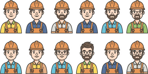 A collection of cartoon construction workers with different facial expressions and outfits, perfect for illustrating various construction-related themes.