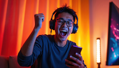 Asian man enjoys game victory. Gamer in glasses celebrates win. Happy player holds phone with open mouth. He wears headphones in room with colorful lights