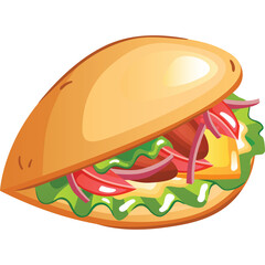 Delicious sandwich with fresh lettuce tomato and onion on a toasted bun isolated on white background for a healthy meal