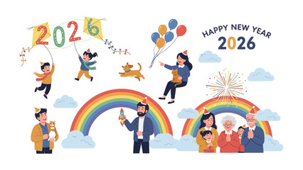 New Year's Celebration: Colorful and joyful scene, families and friends celebrate the new year, filled with kites, balloons, and fireworks, symbolizing hope and joy for 2026.