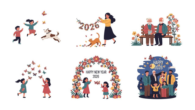 New Year Celebrations: A festive ensemble of illustrations celebrating New Year, featuring joyful people and decorations.