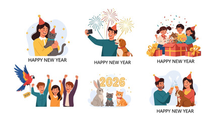 Celebrating the New Year: A vibrant collection of illustrations capturing the joy and togetherness of celebrating the New Year with pets and family, and the joy of welcoming a new year.