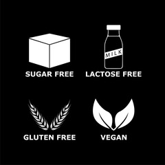 Gluten, sugar, lactose free, vegan icon isolated on black background