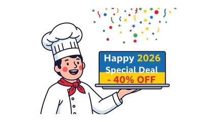 Chef's Special Offer: A cheerful chef presents a special deal on a serving tray, announcing a discount, possibly for a celebration.