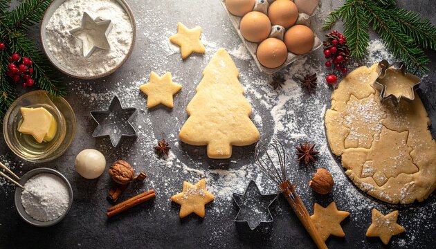 Christmas cookie baking scene with tree-shaped dough, festive ingredients, and holiday decorations.