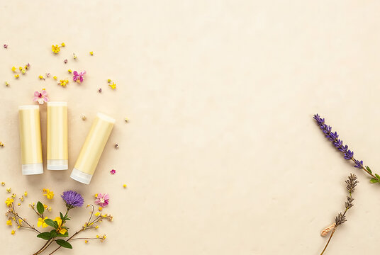 Natural skincare products surrounded by colorful flowers and herbs create a serene and calming arrangement on a light surface