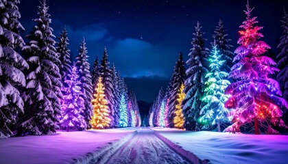 Colorful Christmas forest at night with snow-covered trees and glowing festive lights.