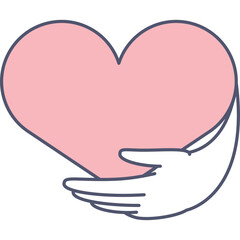 Delicate illustration of a pair of white hands gently cradling a large soft pink heart with a thin blue outline on a transparent background representing care and compassion