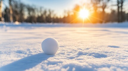 Snowball on fresh snow with warm golden hour sunlight, long shadow, and blurred winter forest background