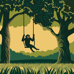 Illustration of a chimpanzee swinging on a swing between two trees in a lush green forest setting