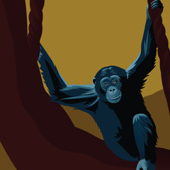 Illustration of a chimpanzee hanging from a tree branch, showcasing its strength and agility in the wild
