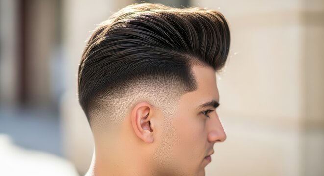 Young hispanic male with stylish pompadour haircut and fade - Powered by Adobe