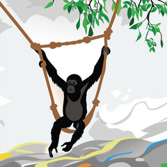 Illustration of a monkey swinging on a rope swing in a jungle setting with trees and clouds