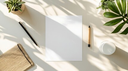 Overhead, close-up, a piece of pure white photo paper on a light-colored table, The background is a cozy home office space with soft natural light creating a warm atmosphere