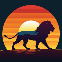 A powerful lion strides confidently against a backdrop of a setting sun, radiating strength and majesty