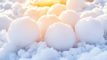 Glistening snowballs on fresh white snow illuminated by warm golden sunlight during winter