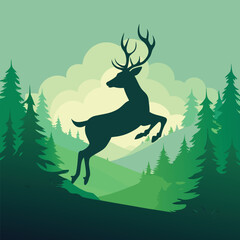 A majestic deer leaps through a verdant forest, its silhouette a striking contrast against the lush greenery