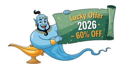 Magic Offer of the Year 2026: A cartoon genie, with an inviting smile and holding a scroll bearing a tempting discount offer, beckons viewers into a world of irresistible deals.