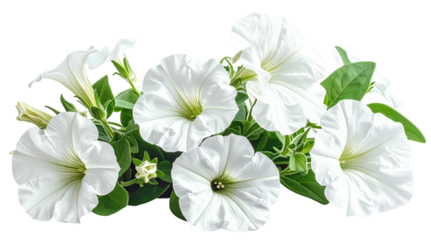 Cluster of white petunias with green leaves on black