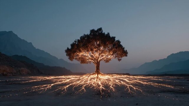 Illuminated tree with glowing roots against a mountain landscape
