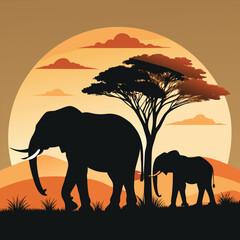 A serene african sunset with elephants silhouetted against a large sun, creating a peaceful and picturesque scene