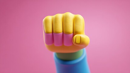 A vibrant yellow and pink cartoon hand making a fist gesture