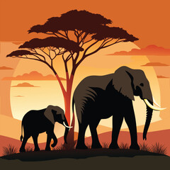 A majestic african sunset with two elephants walking near a tree, creating a beautiful silhouette against the orange sky