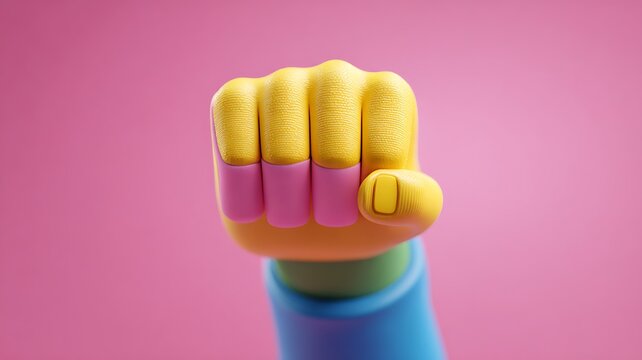 A vibrant yellow and pink cartoon hand making a fist gesture