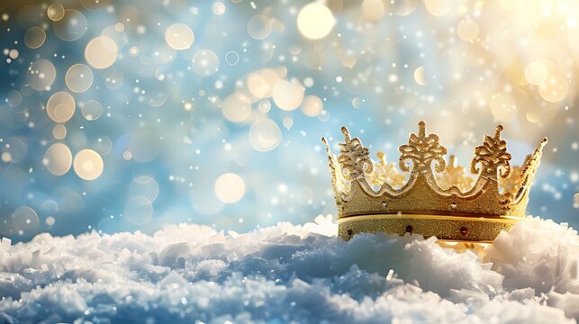 A golden crown resting on a fluffy cloud with a sparkling backdrop