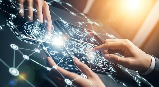 Modern Digital Technology Interface with Hands and Interactive Touchscreen Display