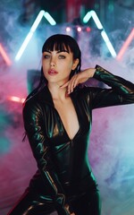 Latex fashion style female portrait, fashion and make-up shoot. Latex bodysuit, catsuit. Clubbing, New Wave, Dark style fashion. Dark smokey make-up, red lipstick. Dramatic. Elegant.	