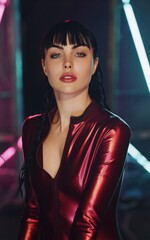 Latex fashion style female portrait, fashion and make-up shoot. Latex bodysuit, catsuit. Clubbing, New Wave, Dark style fashion. Dark smokey make-up, red lipstick. Dramatic. Elegant.	