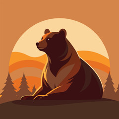 A brown bear sits amidst a forest landscape at sunset, creating a tranquil and picturesque nature scene