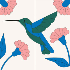 Illustration of a hummingbird in flight surrounded by pink flowers and blue leaves on a light background