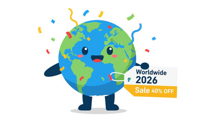 Global Sale Celebration: A cheerful globe mascot promotes a worldwide sale, offering a significant discount on a global scale.