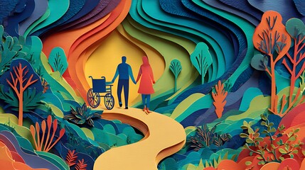 Obraz premium A couple with a wheelchair walking along a path in a paper landscape