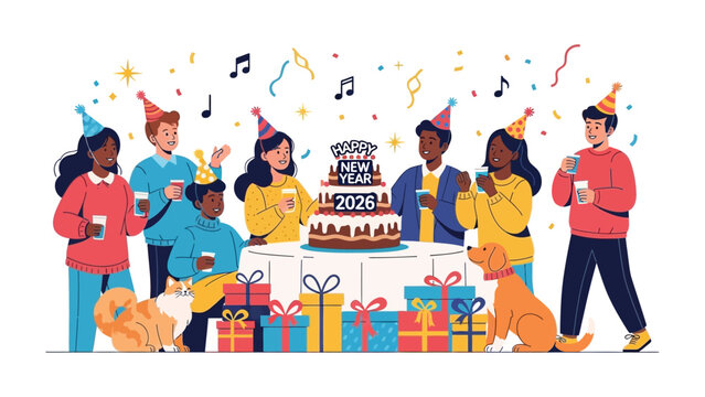 New Year Celebration: A cheerful group gathers around a festive cake, surrounded by gifts and festive decorations, as they celebrate the arrival of the New Year.