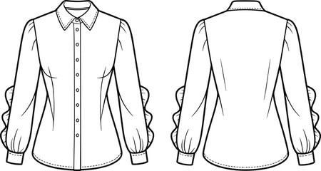 Women ruffle sleeve shirt fashion flat vector, long sleeve blouse CAD drawing with collar and button front technical sketch