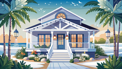 Modern Hamptons-style coastal house veranda with white-painted wood, natural greenery, and soft holiday lights. A chic winter exterior blending beach serenity and festive warmth in timeless style